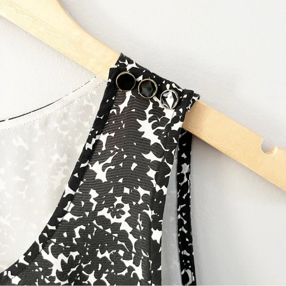 J.Crew 100% Silk Layered Tank Blouse Black White Floral Sleeveless Size 2